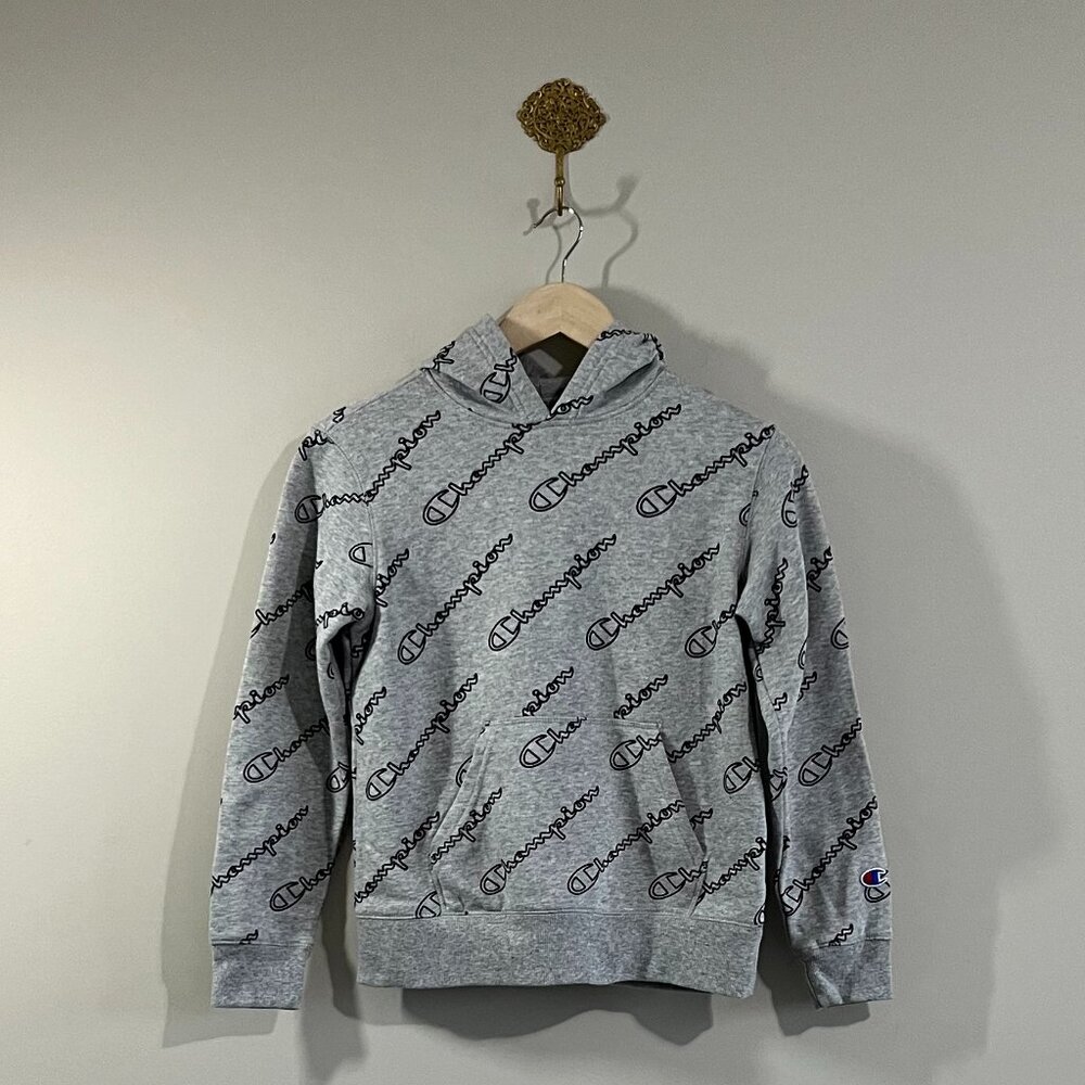 Champion Youth Medium Gray All Over Script Logo Hoodie Sweatshirt